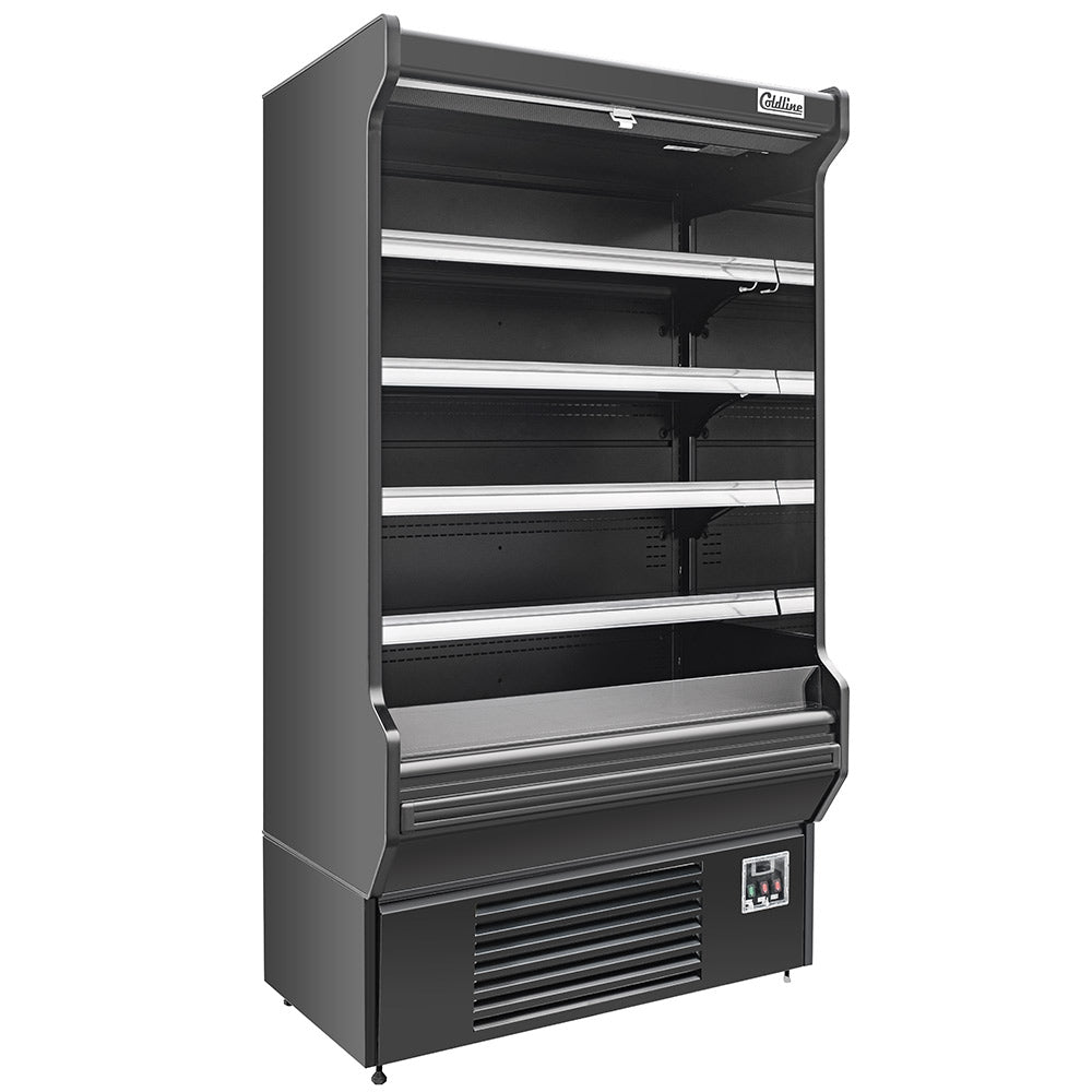 Coldline SOCD-51-B black open air merchandiser, angled front view, empty, lights on