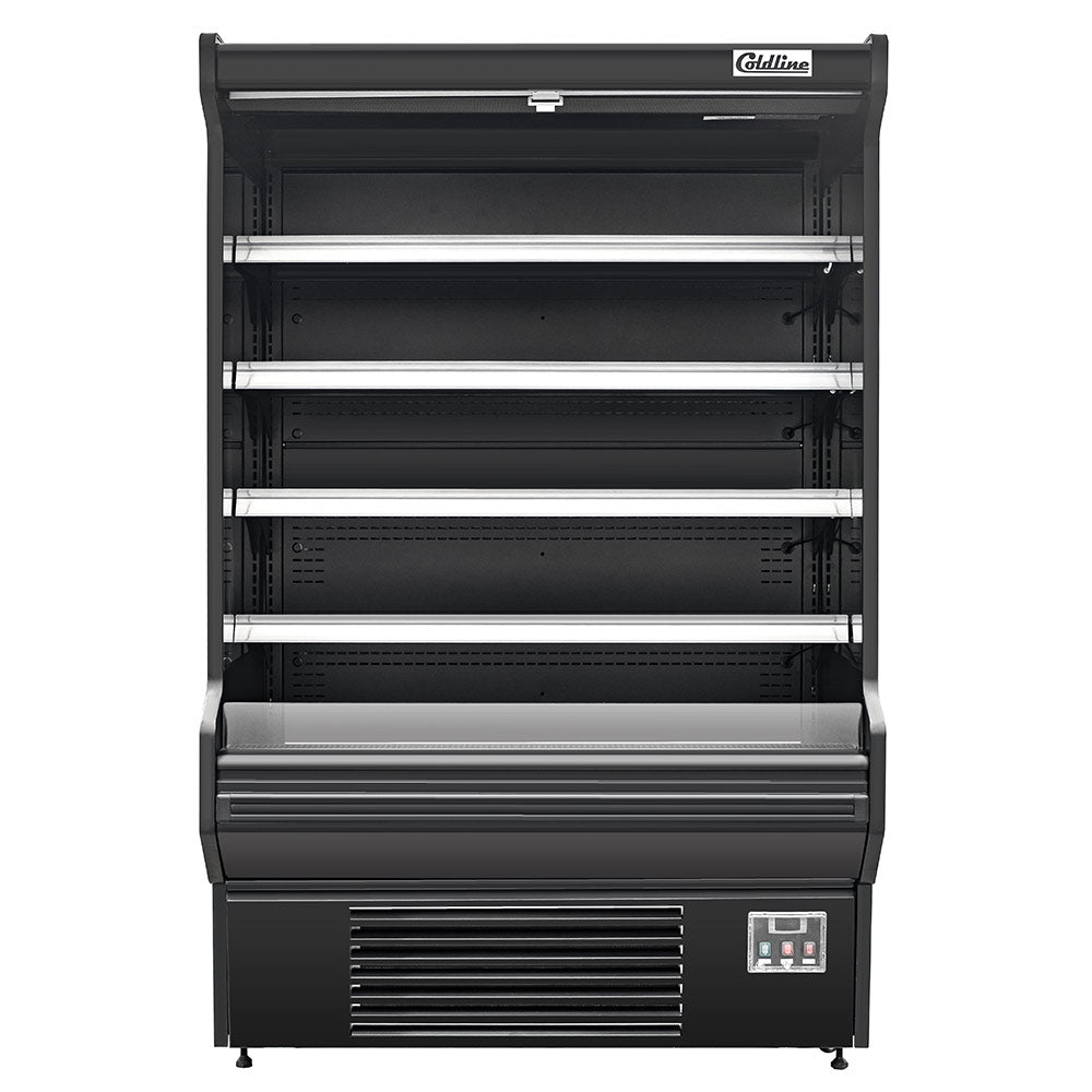 Coldline SOCD-61-B black open air merchandiser, front view, empty