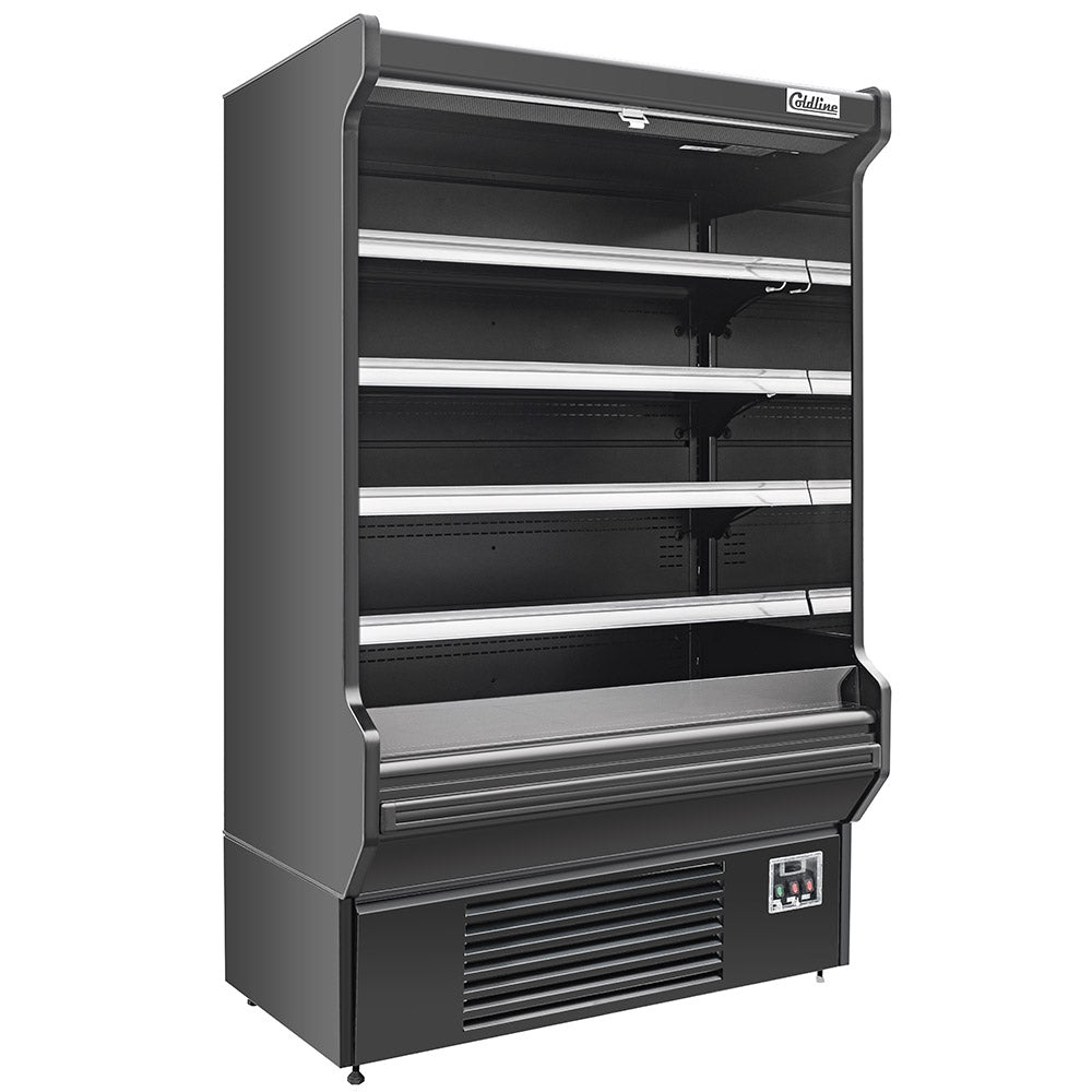 Coldline SOCD-61-B black open air merchandiser, angled front view, empty