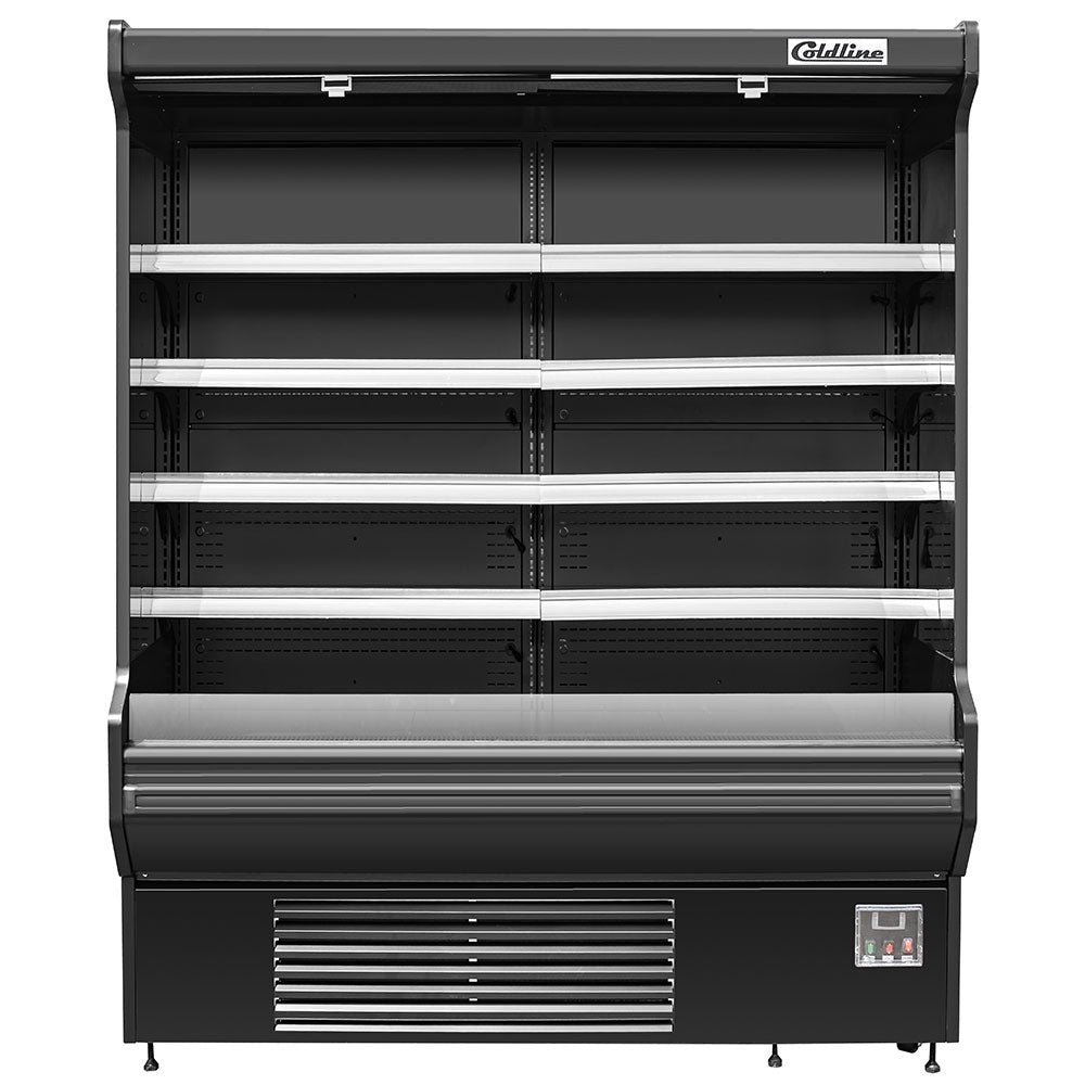 Coldline SOCD-76-B black open air merchandiser, front view, empty
