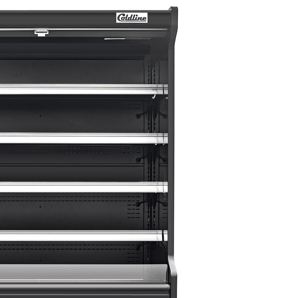 Coldline SOCD-51-B black open air merchandiser, close-up of the upper shelves