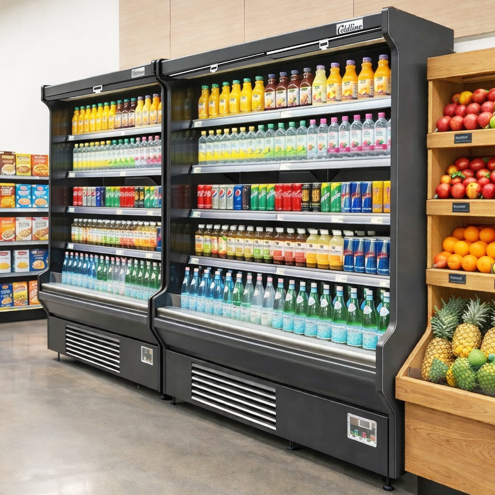 Coldline SOCD-76-B black open air merchandiser, stocked with drinks and produce in a store (representative image)
