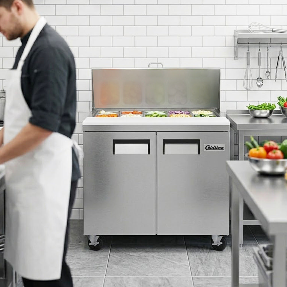 Coldline SP36 sandwich prep table, lid open with ingredients in the pans (representative image)