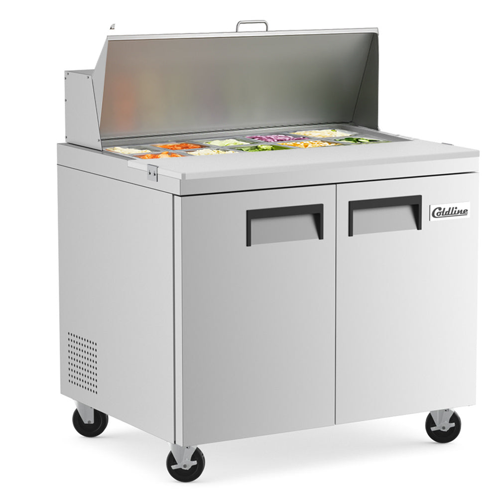 Coldline SP36 sandwich prep table, lid open with ingredients in the pans (representative image)