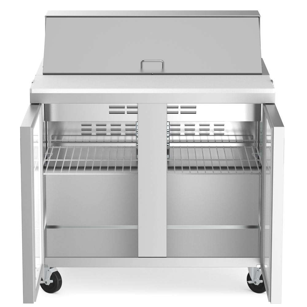 Coldline SP36 sandwich prep table, doors open showing the shelves