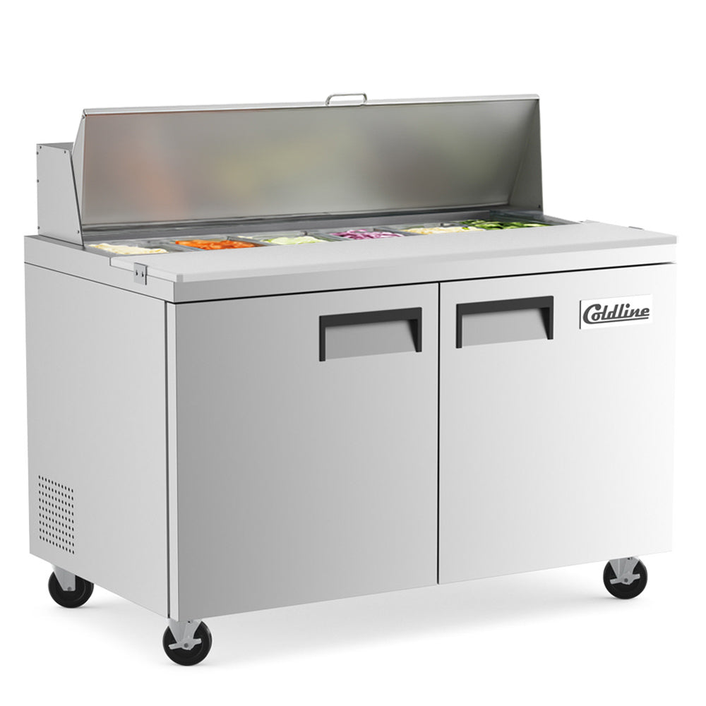 Coldline SP48 sandwich prep table, lid open with ingredients in the pans (representative image)