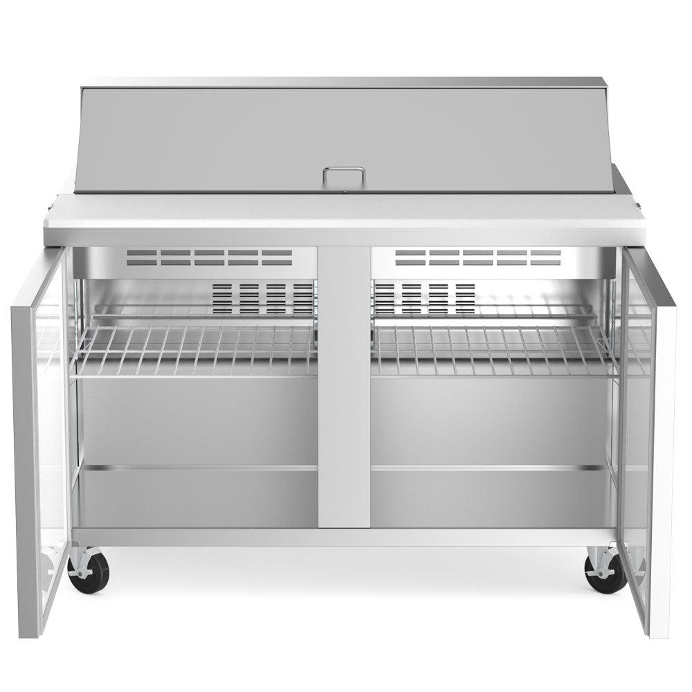 Coldline SP48 sandwich prep table, doors open showing the shelves