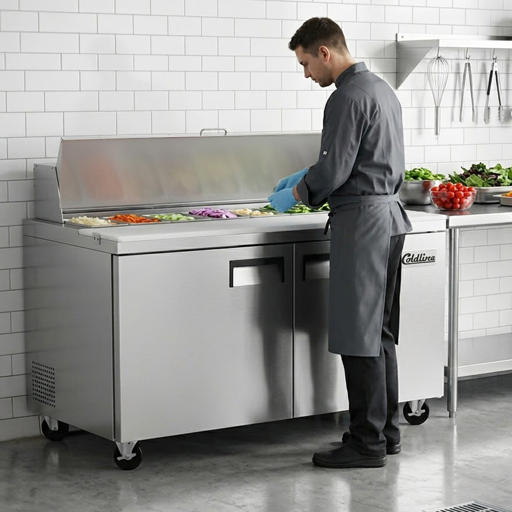 Coldline SP60 sandwich prep table, lid open with ingredients in the pans (representative image)