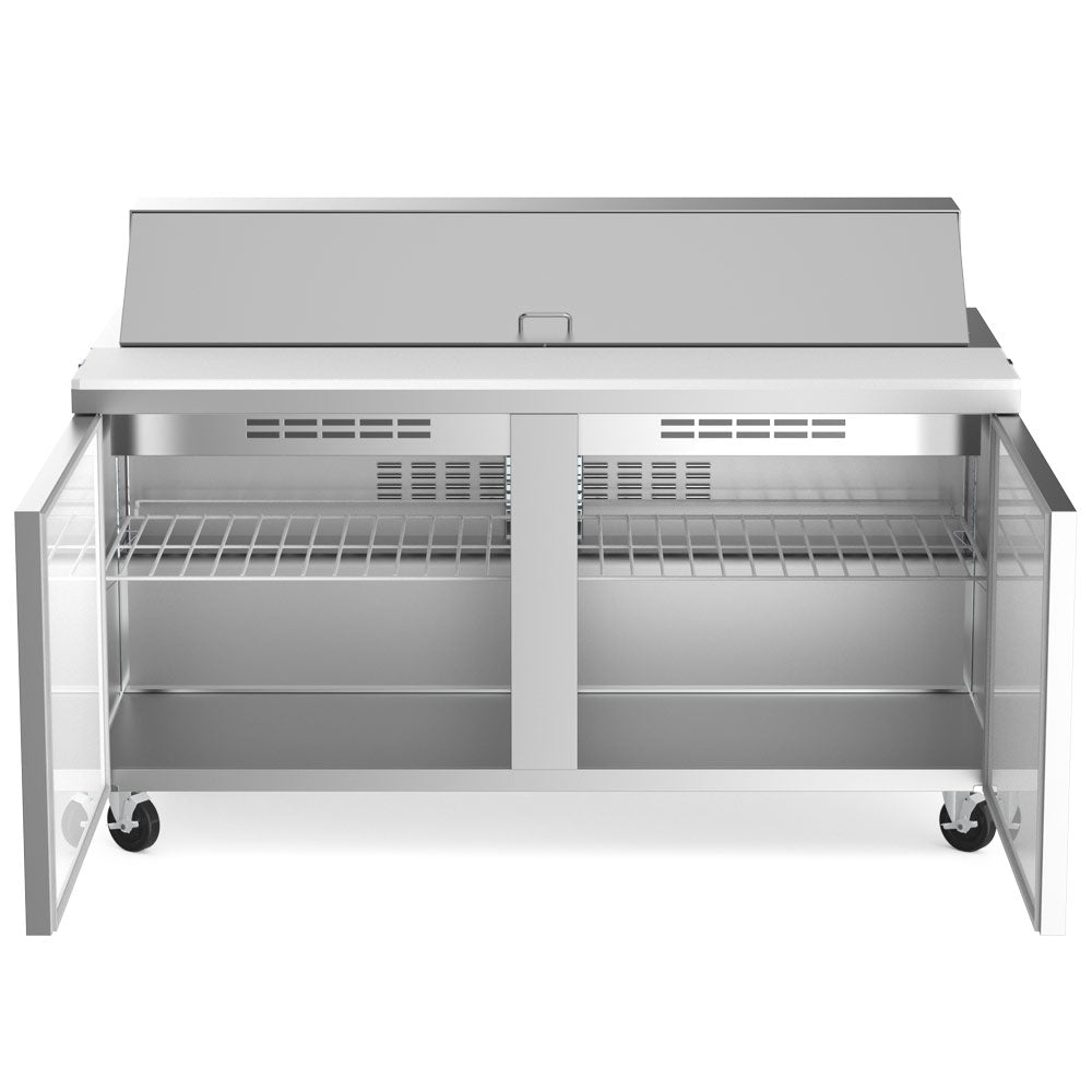 Coldline SP60 sandwich prep table, doors open showing the shelves