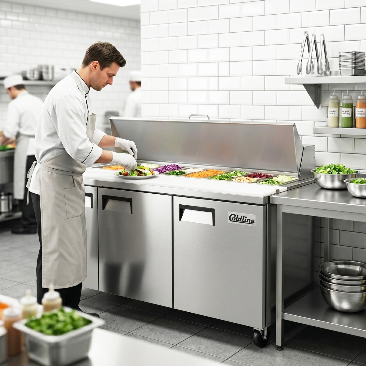 Coldline SP72 sandwich prep table, lid open with ingredients in the pans (representative image)