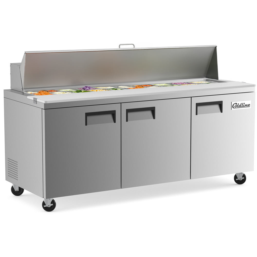 Coldline SP72 sandwich prep table, lid open with ingredients in the pans (representative image)