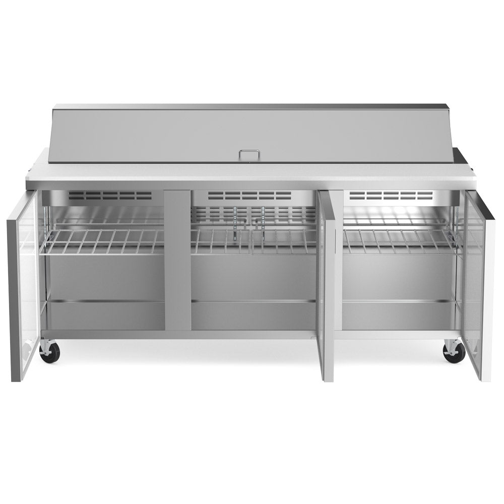 Coldline SP72 sandwich prep table, doors open showing the shelves