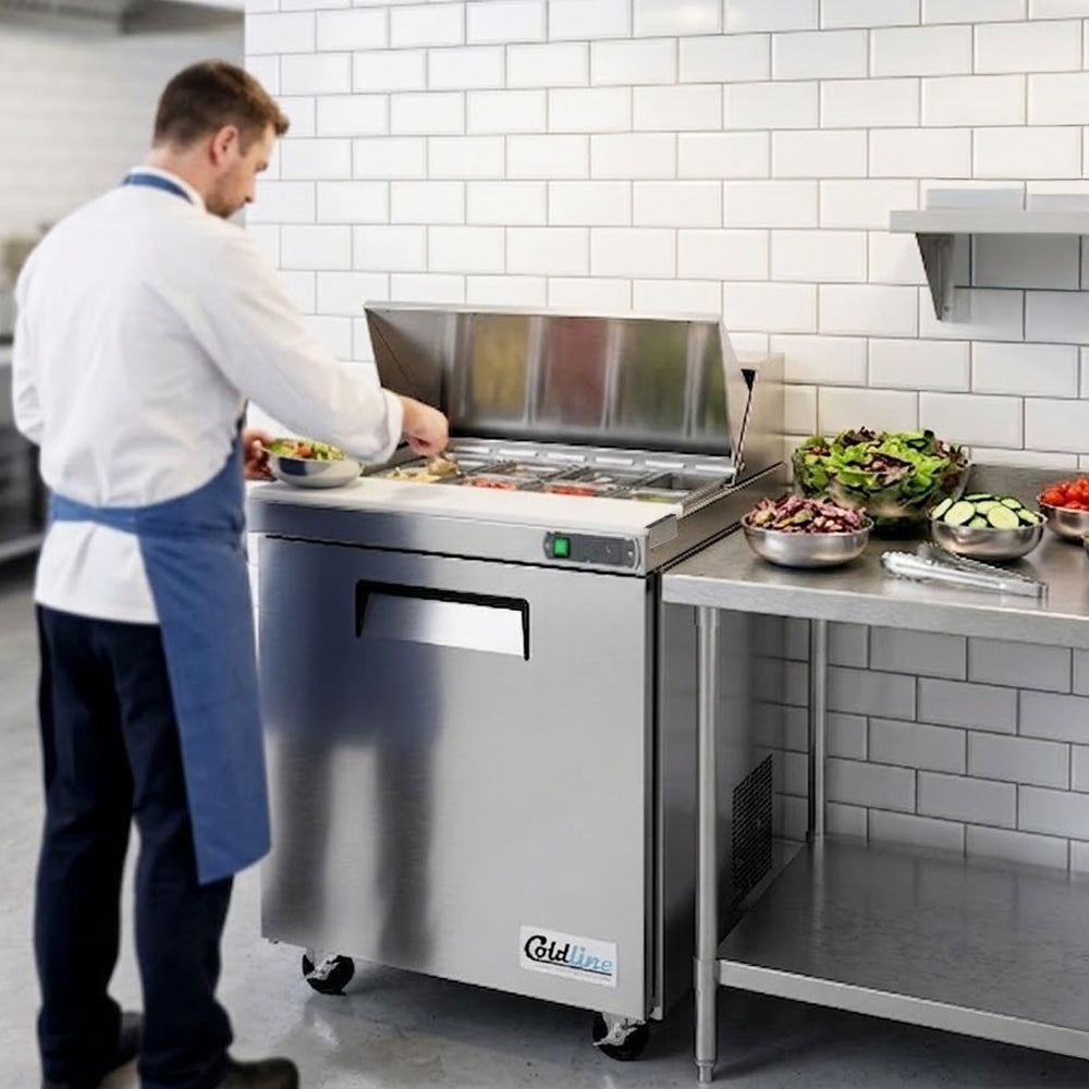Coldline SPN-29 narrow depth sandwich prep table, in use in a kitchen (representative image)