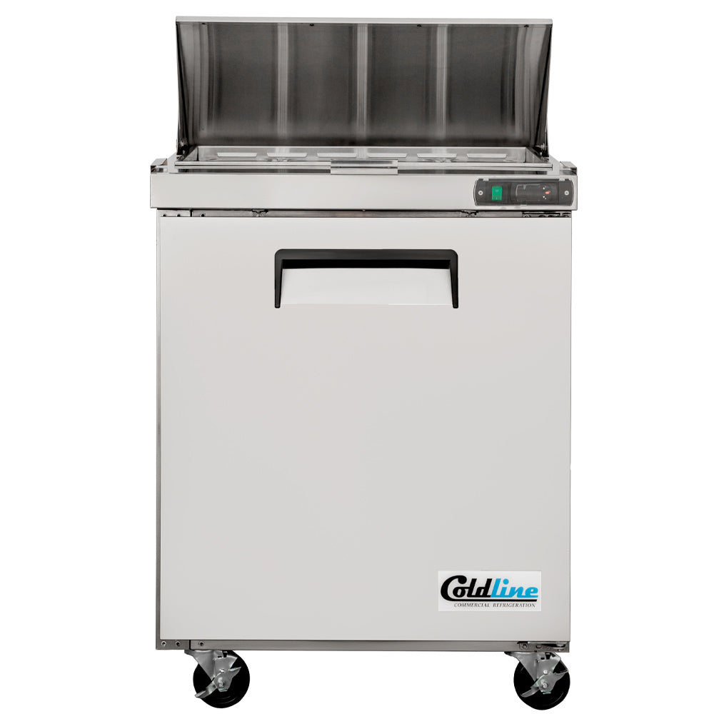 Coldline SPN-29 narrow depth sandwich prep table, front view with the lid open