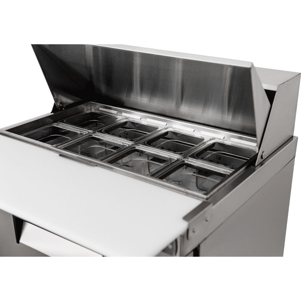 Coldline SPN-29 narrow depth sandwich prep table, pan rail with the lid open, close-up