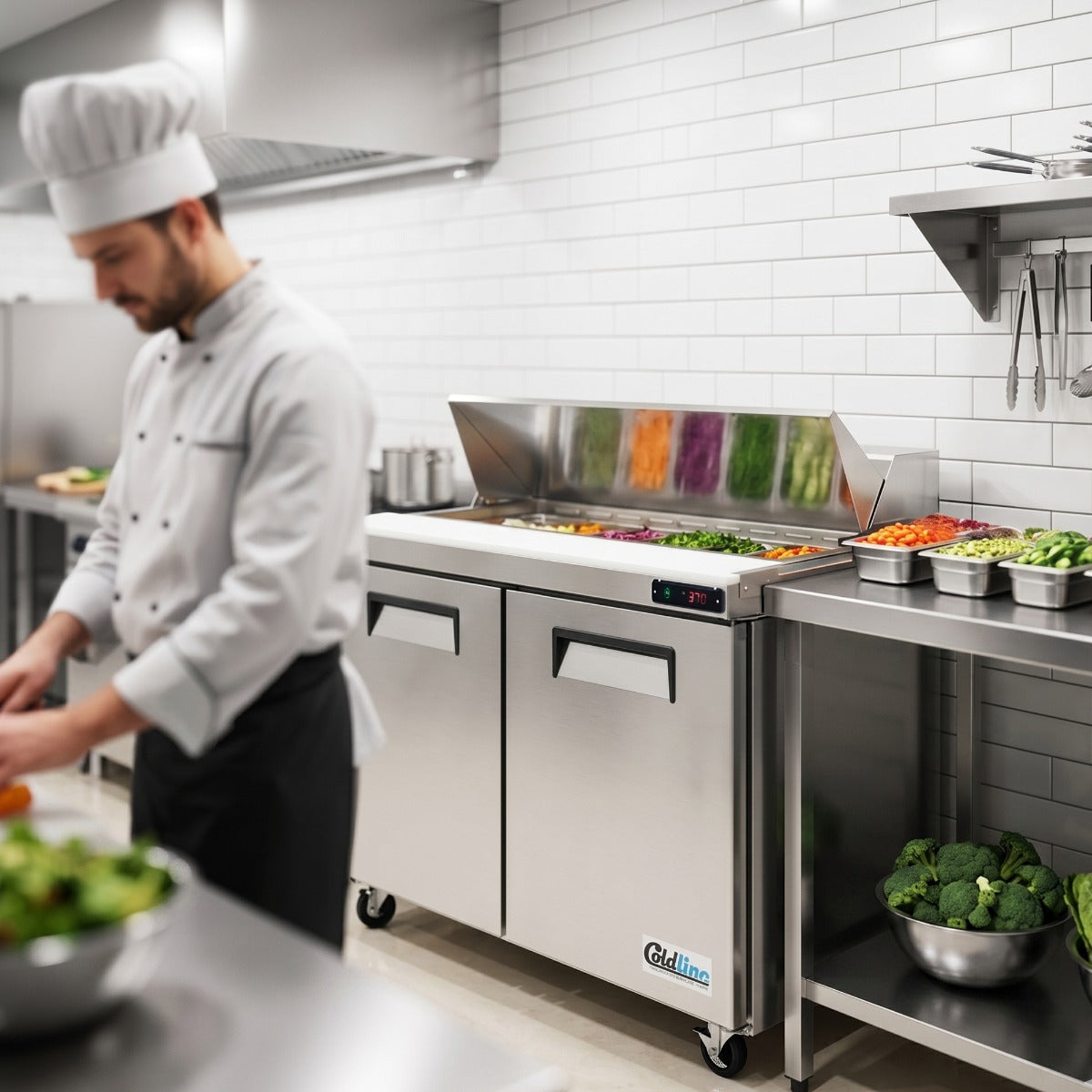Coldline SPN-48 narrow depth sandwich prep table, in use in a kitchen (representative image)