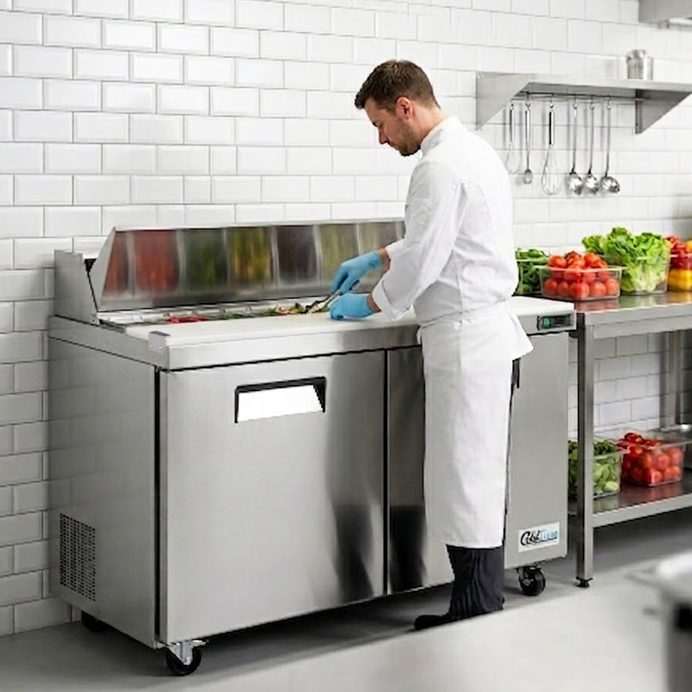 Coldline SPN-60 narrow depth sandwich prep table, in use in a kitchen (representative image)