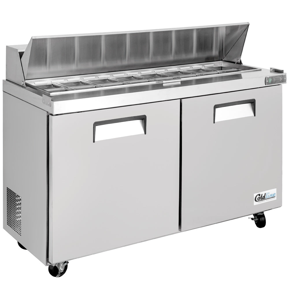 Coldline SPN-60 narrow depth sandwich prep table, angled front view with the lid open