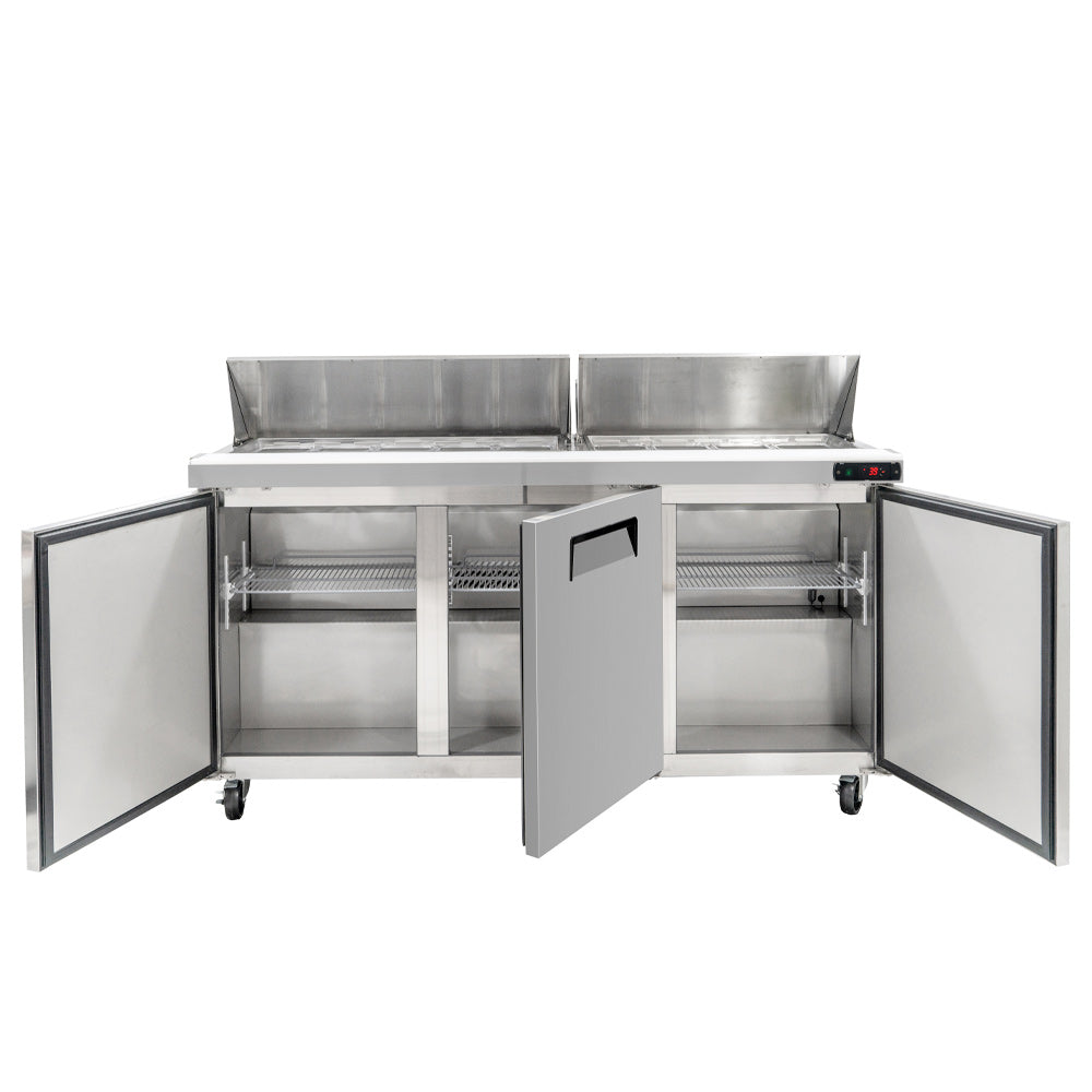 Coldline SPN-72 narrow depth sandwich prep table, doors open showing the shelving