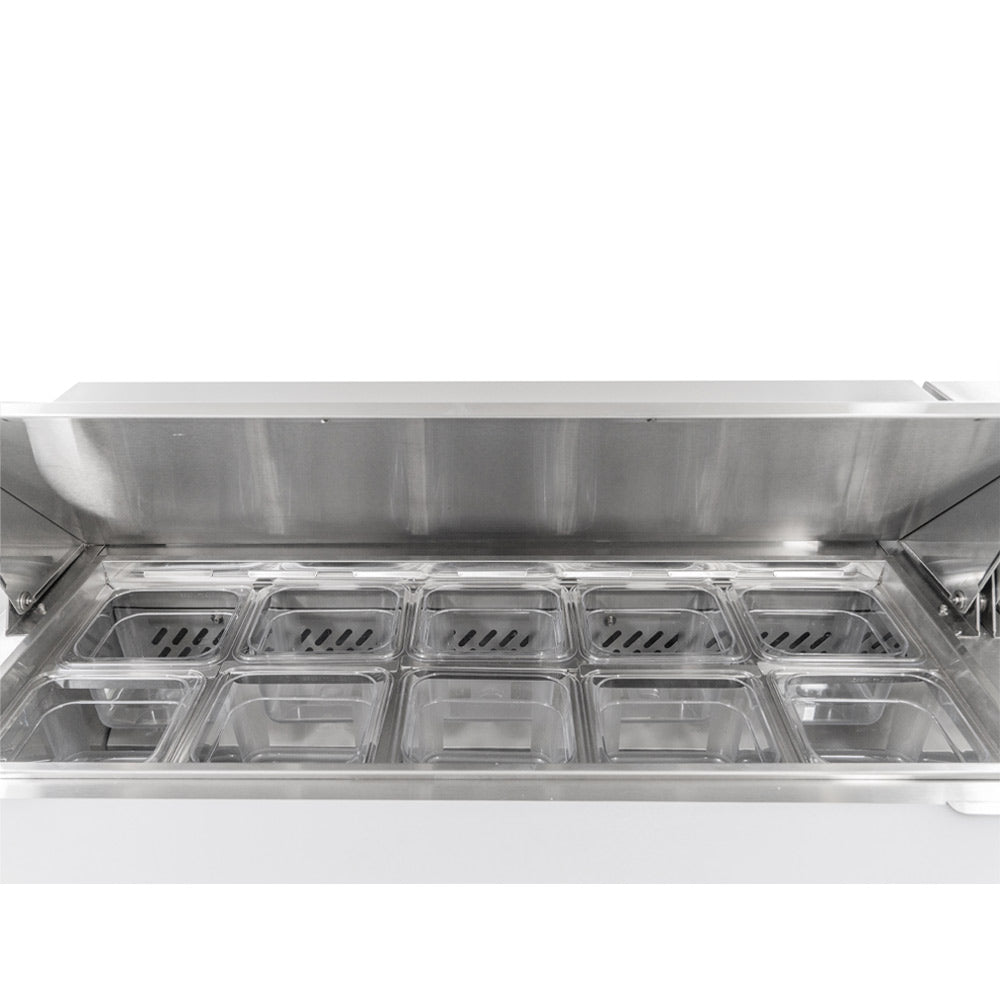 Coldline SPN-72 narrow depth sandwich prep table, pan rail with the lid open, close-up