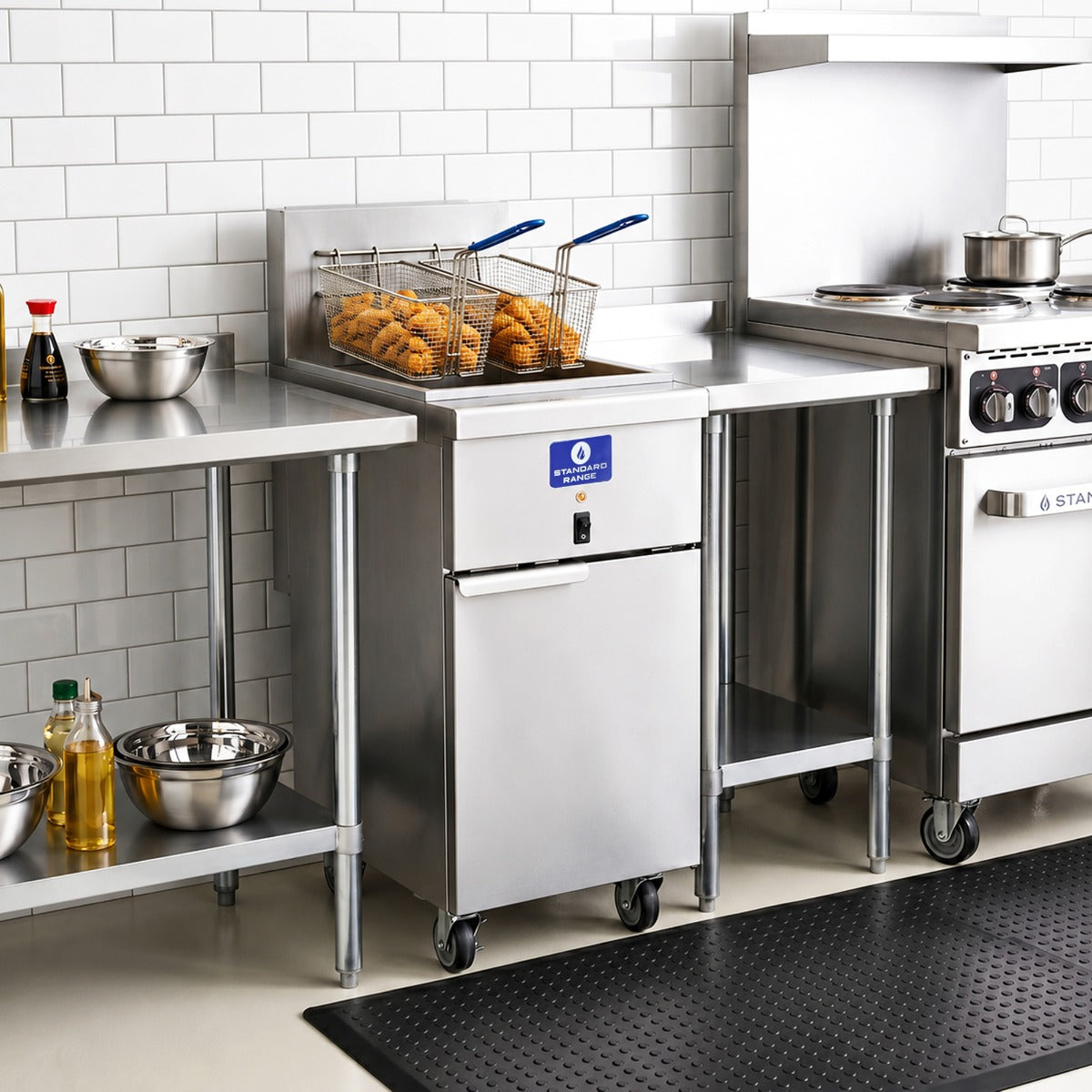 Standard Range SR-EF50-240-3 50 lb. electric floor fryer, on a commercial cook line