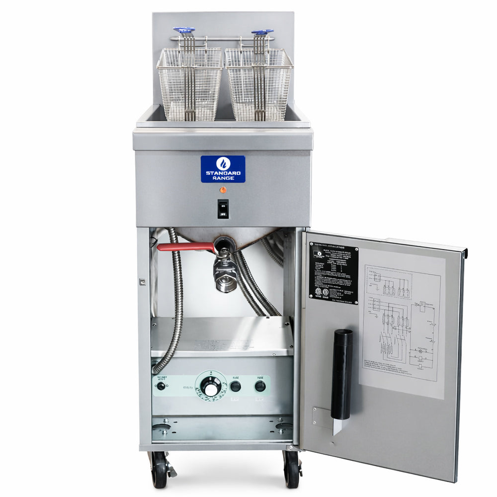 Standard Range SR-EF50-240-3 50 lb. electric floor fryer, door open showing the drain valve