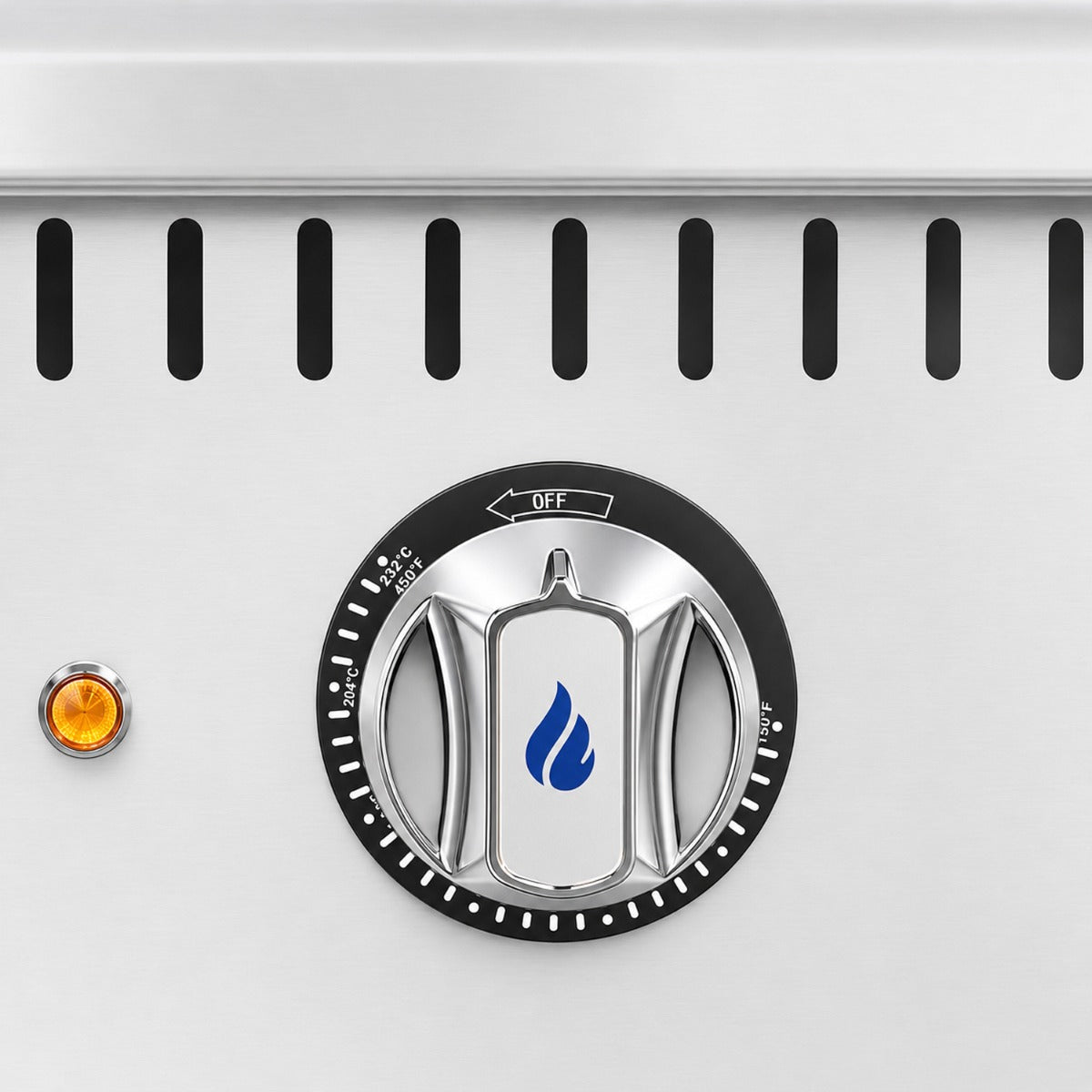 Standard Range SR-EG60 60 inch electric countertop griddle, thermostat knob and heating light, close-up
