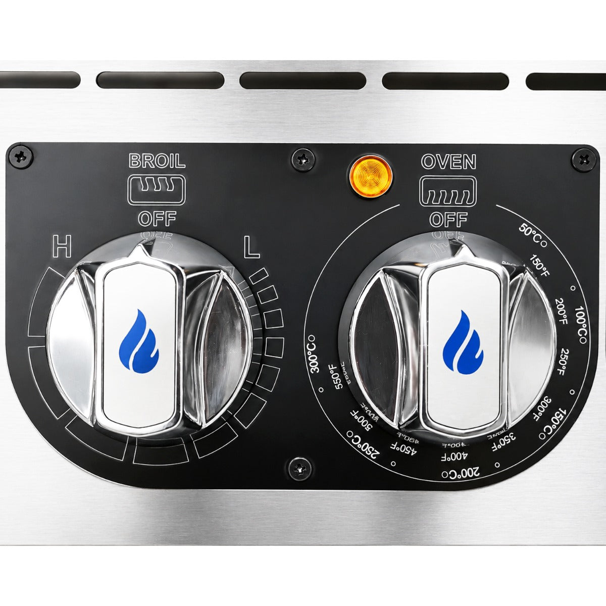 Standard Range SR-ER36-24EG-208 36 inch electric range, broil and oven control knobs, close-up
