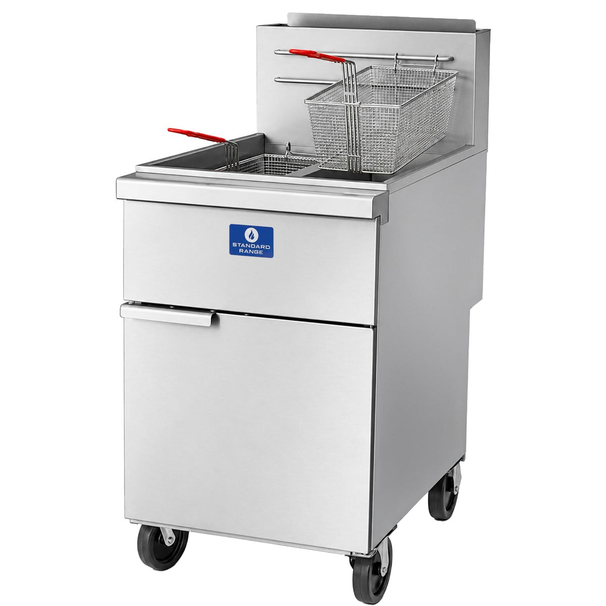 Standard Range SR-F4D-LP split pot liquid propane floor fryer, angled front view with baskets