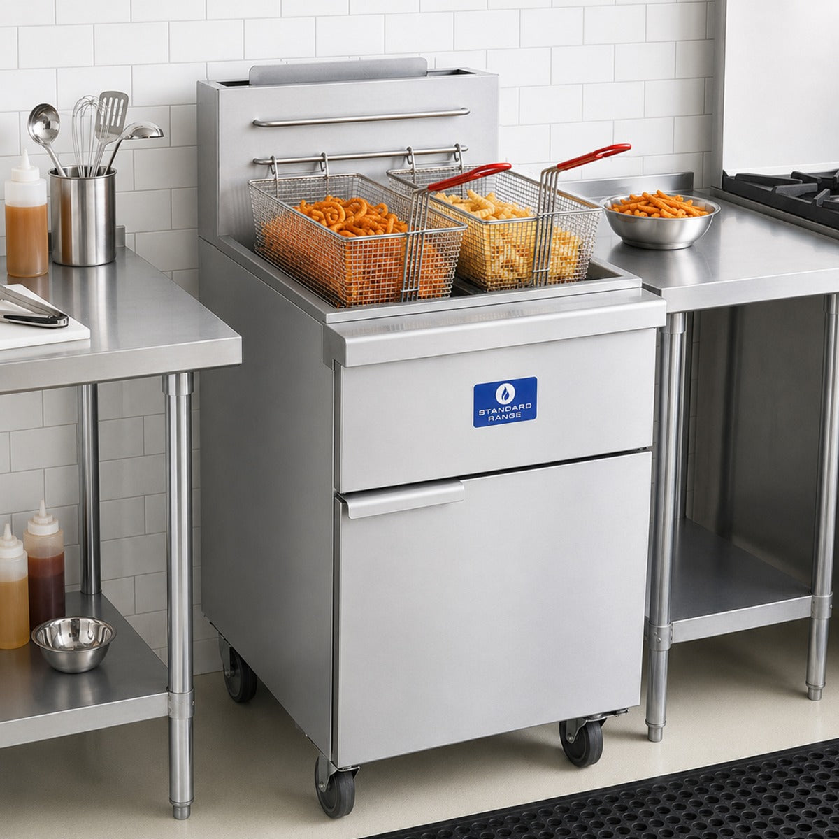 Standard Range SR-F4D-LP split pot liquid propane floor fryer, frying in a commercial kitchen