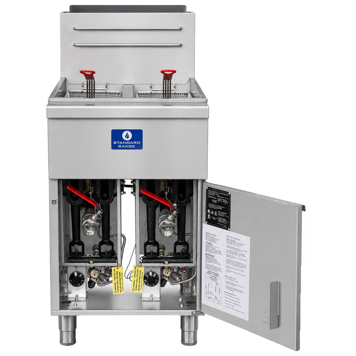 Standard Range SR-F4D-LP split pot liquid propane floor fryer, front view, door open showing both gas valves