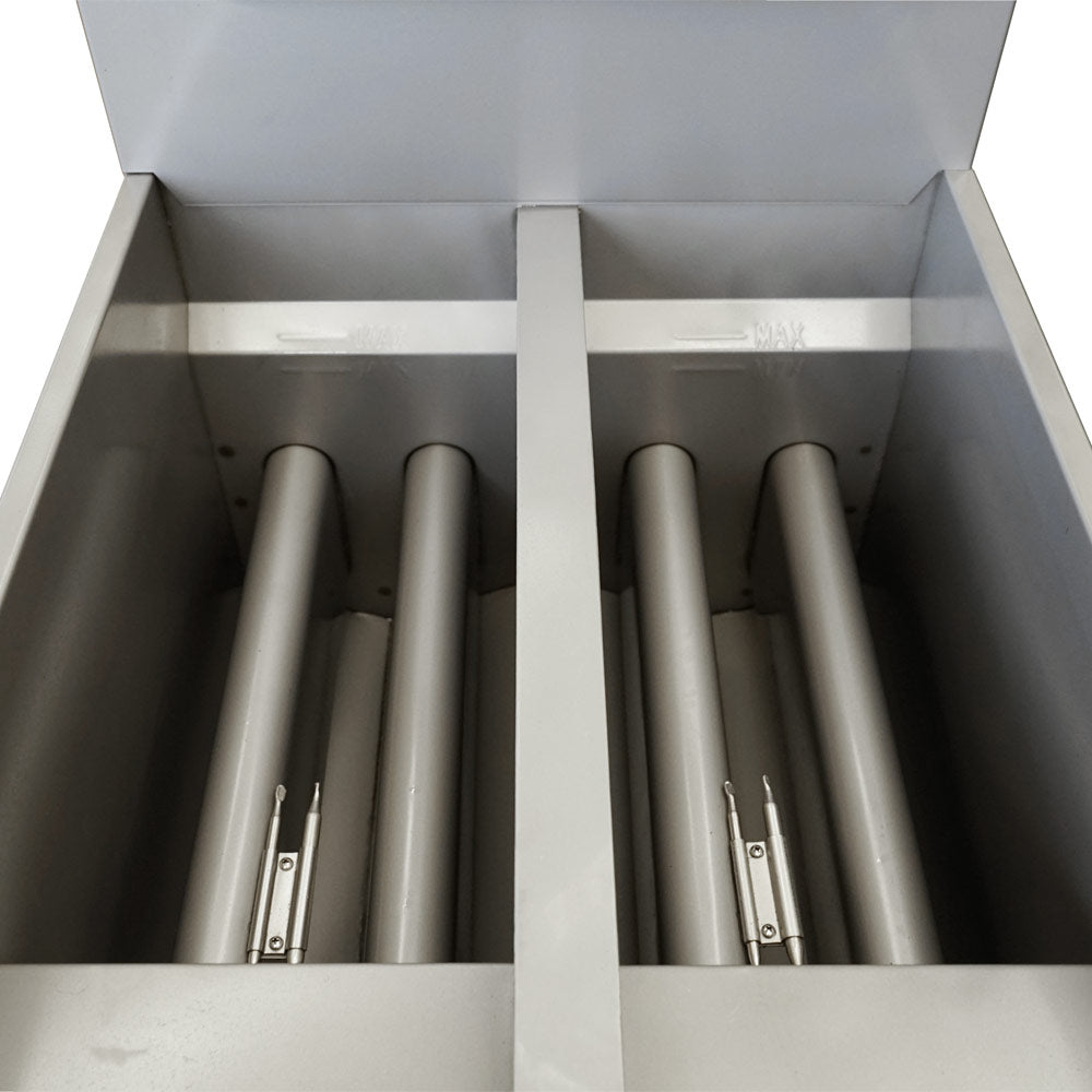 Standard Range SR-F4D-LP split pot liquid propane floor fryer, two split-pot tanks with burner tubes