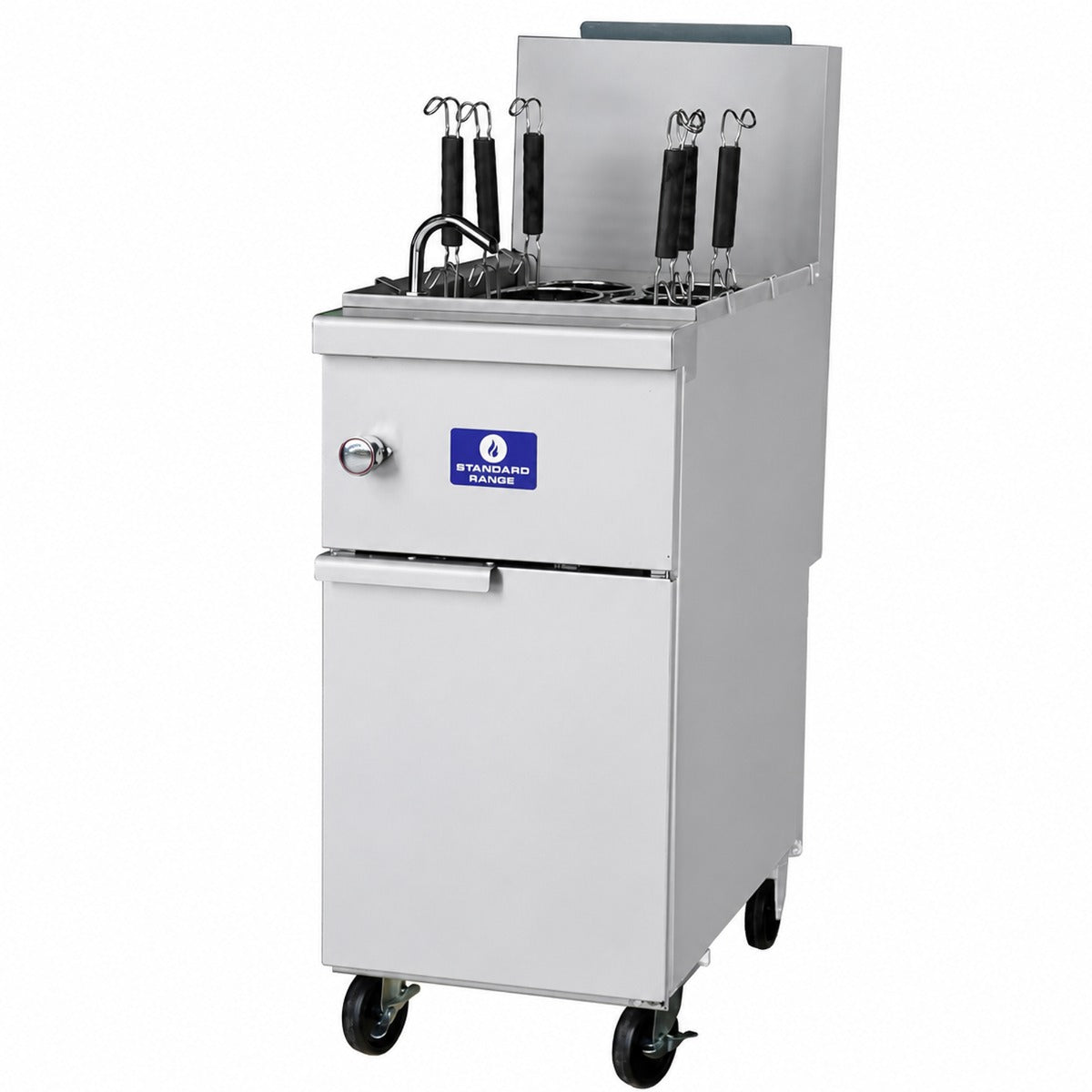 Standard Range SR-PC11-NG natural gas pasta cooker, angled front view with baskets