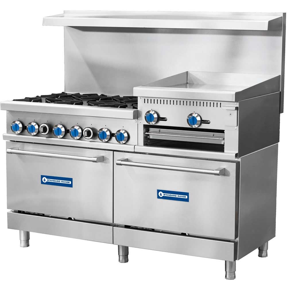 Standard Range SR-R60-24RG-NG 60" Natural Gas Commercial Range, 6 Burner, 2 Oven, 24" Raised Griddle / Broiler - 306,000 BTU