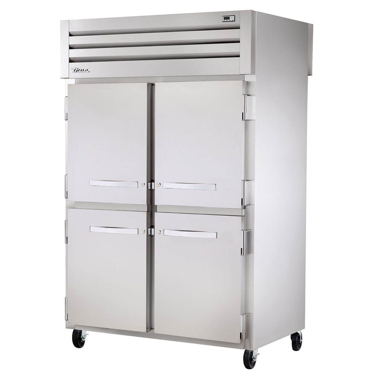 True STA2DT-4HS dual temp reach-in refrigerator/freezer with 4 solid half doors, front angle view, doors closed