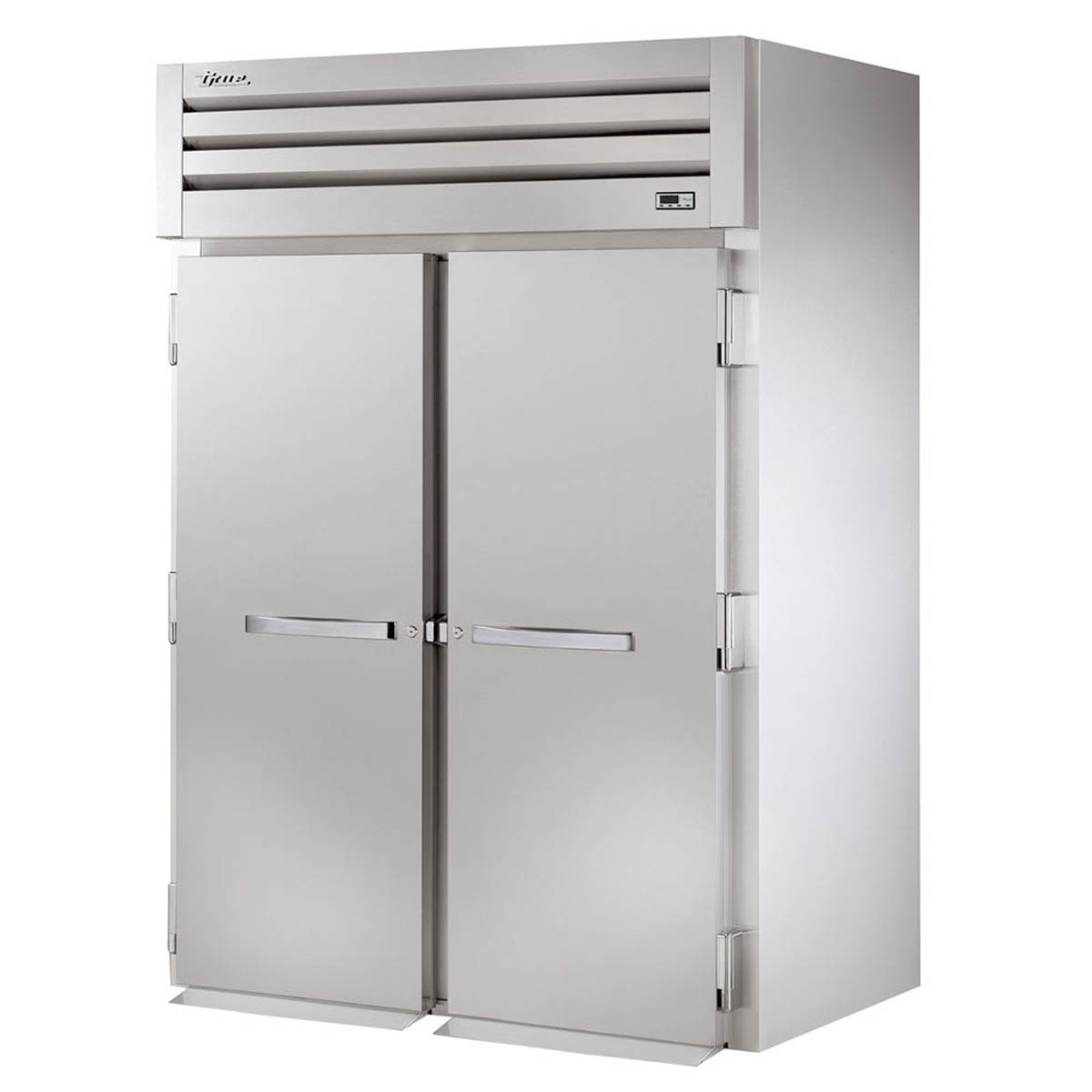 True STA2FRI-2S roll-in freezer with 2 solid doors, front angle view, doors closed