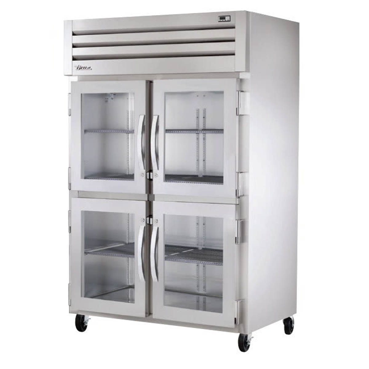 True STA2H-4HG heated holding cabinet with 4 glass half doors, front angle view, doors closed