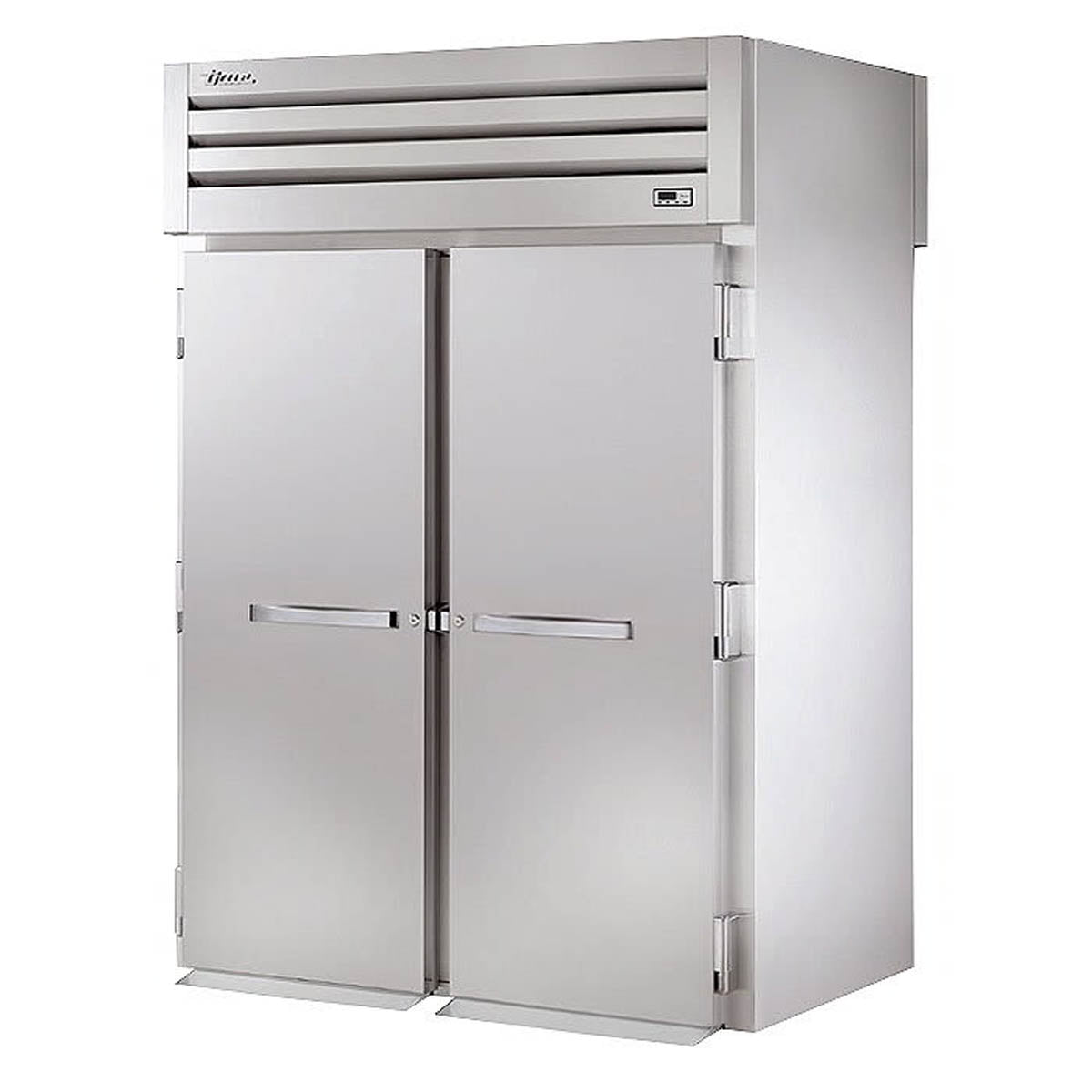 True STA2HRT-2S-2S roll-thru heated holding cabinet, front angle view showing 2 solid doors, doors closed