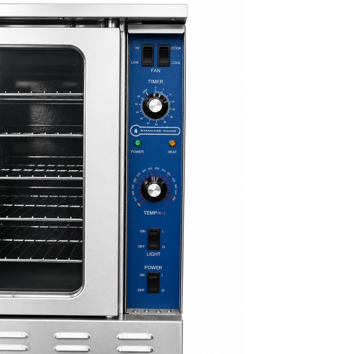 Standard Range SR-COG-SGL single deck gas convection oven, control panel and door window, close-up