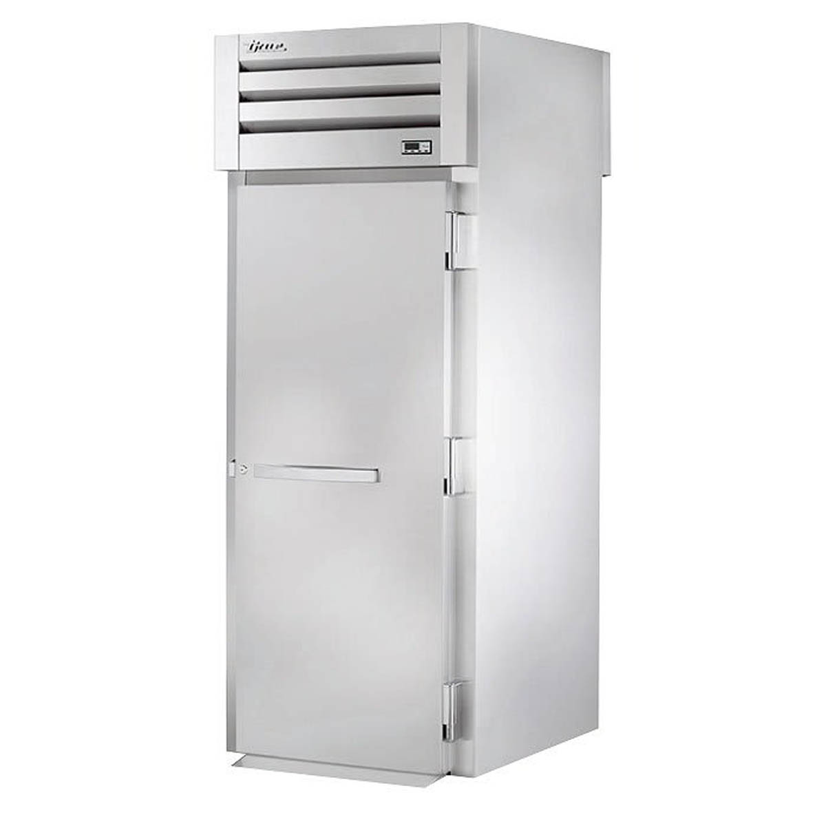 True STR1HRT89-1S-1S roll-thru heated cabinet with 1 solid door on the front and 1 solid door on the back, front angle view