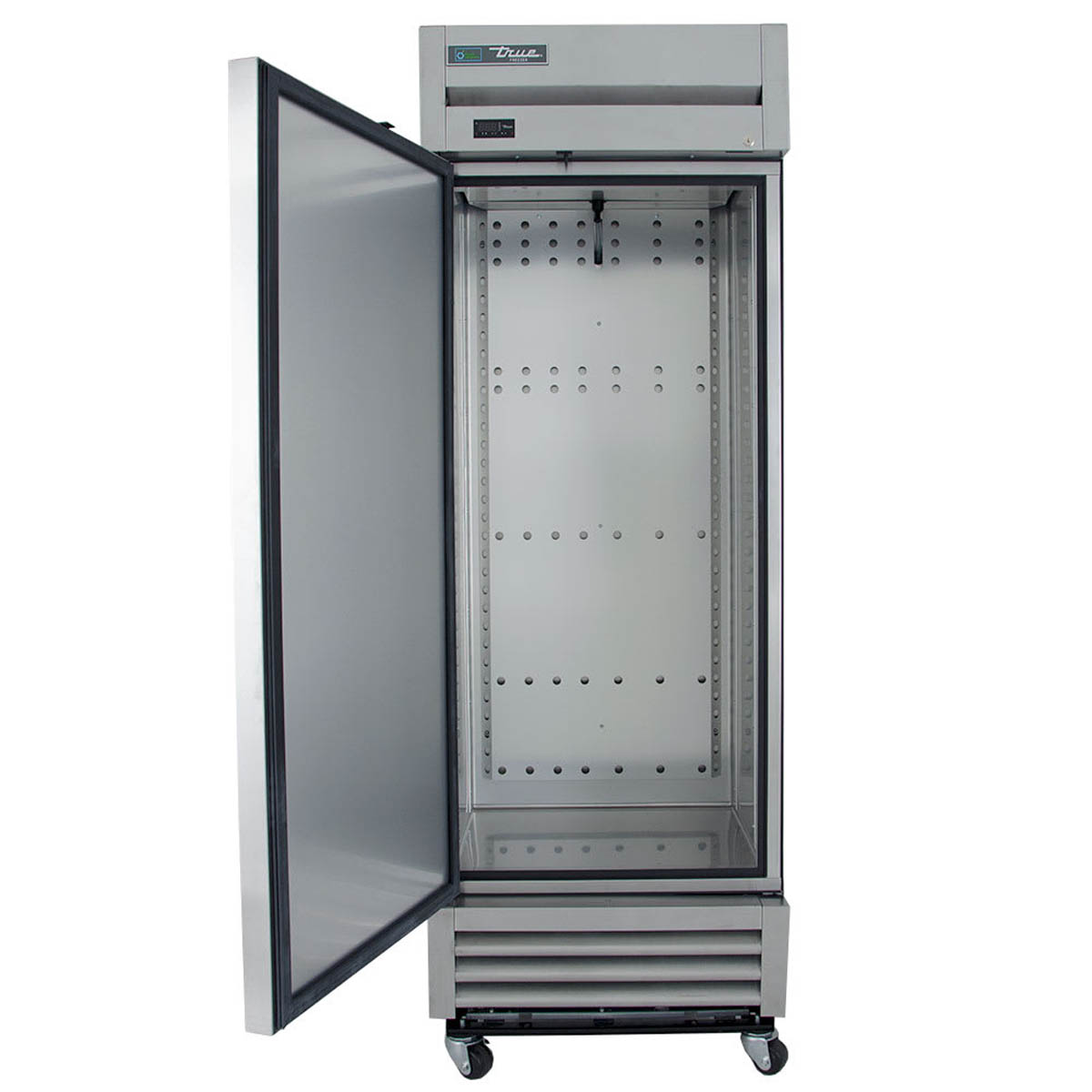 True T-19FZ-HC 1-door solid reach-in freezer, left-hinged door open, empty shelves