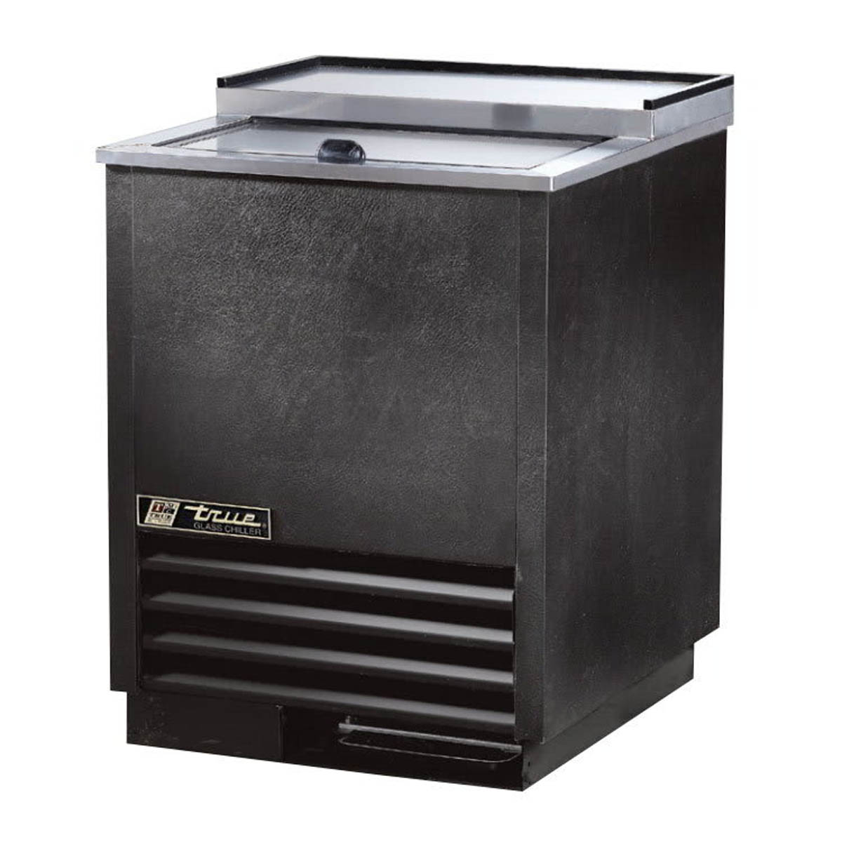 True T-24-GC-HC black glass froster with stainless steel top and slide lid, front angle view