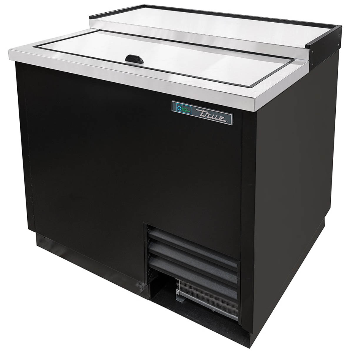 True T-36-GC-HC black glass froster with stainless steel top, front angle view, lid closed