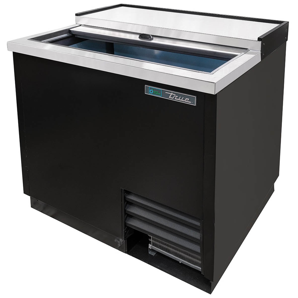 True T-36-GC-HC glass froster with the slide lid open, front angle view