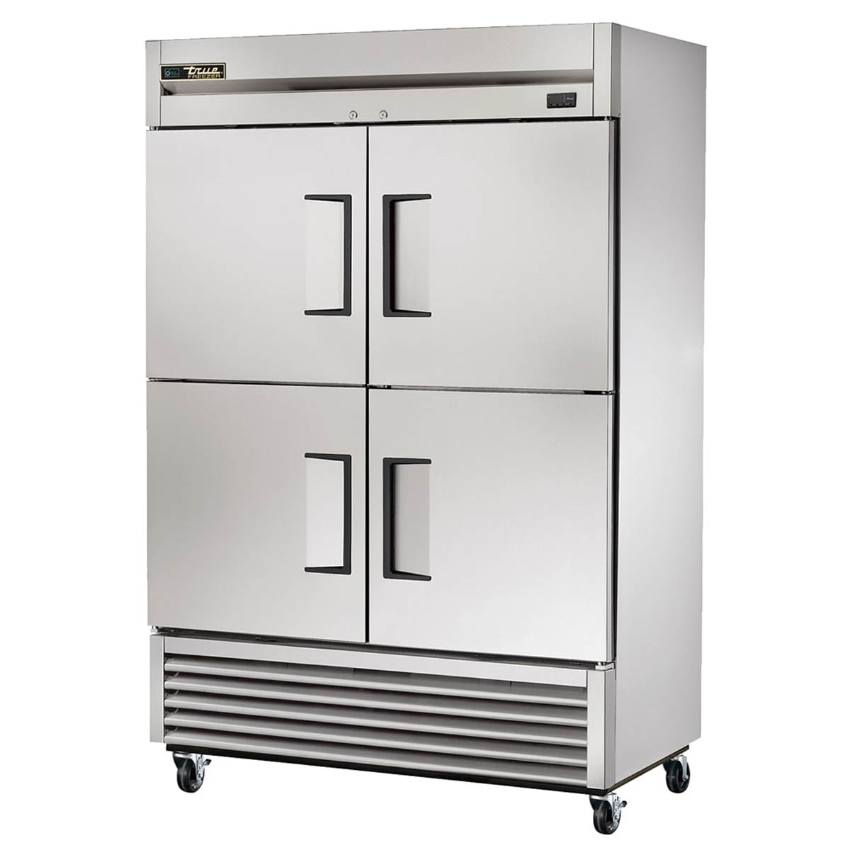 True T-49F-4-HC 4 half-door solid reach-in freezer, front angle view, doors closed