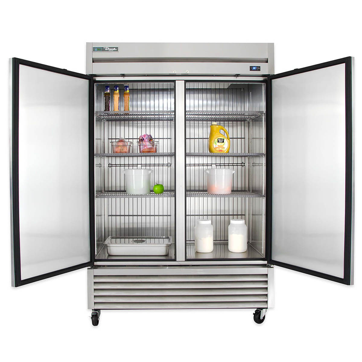 True T-49F-HC 2-door solid reach-in freezer, both doors open, stocked shelves