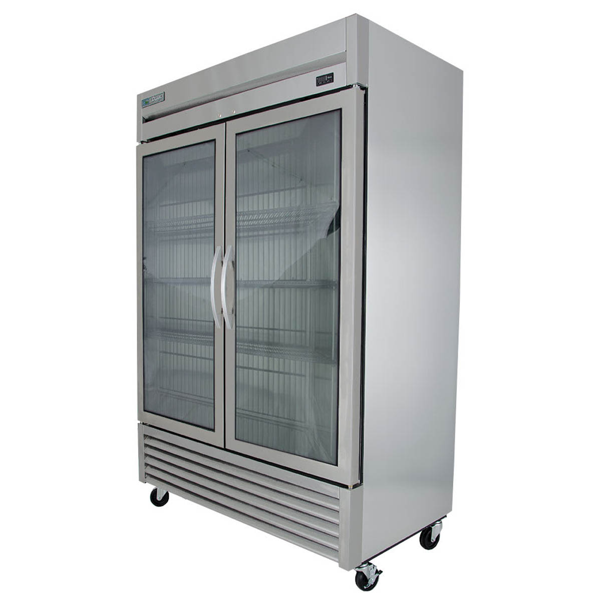 True T-49FG-HC~FGD01 2-door glass reach-in freezer, angled view, empty cabinet