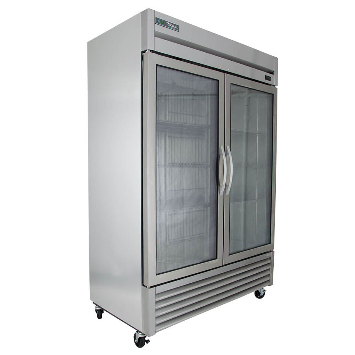 True T-49FG-HC~FGD01 2-door glass reach-in freezer, angled front view, empty cabinet