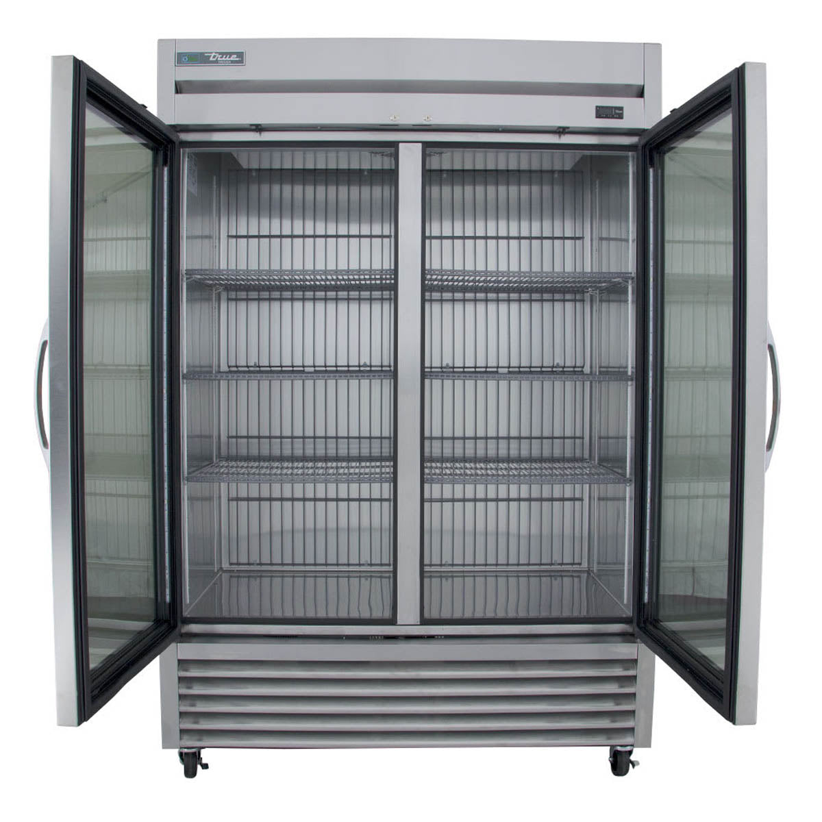 True T-49FG-HC~FGD01 2-door glass reach-in freezer, both doors open, empty shelves