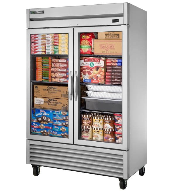 True T-49FG-HC~FGD01 2-door glass reach-in freezer, front angle view, stocked behind the glass doors